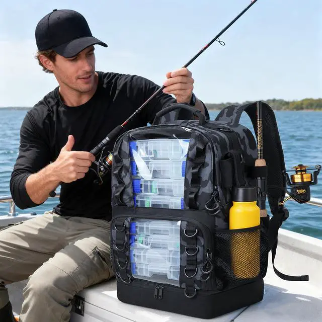 Alt view image 7 of 7 - Fishing Backpack with Tackle Boxes,45L Large Tackle Bag with Cooler & Fishing Gear Kit,Waterproof Tackle Backpack for Gift with Fishing Lures, Fishing Pliers,Camouflage