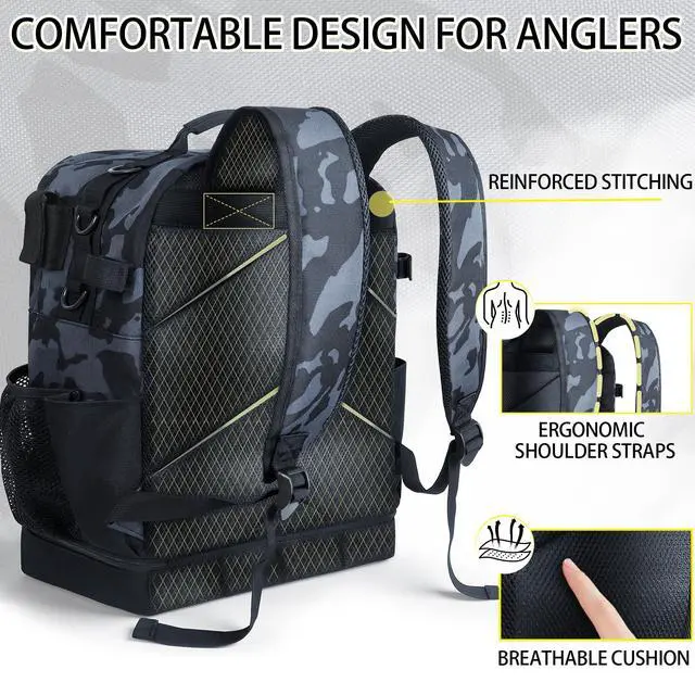 Alt view image 6 of 7 - Fishing Backpack with Tackle Boxes,45L Large Tackle Bag with Cooler & Fishing Gear Kit,Waterproof Tackle Backpack for Gift with Fishing Lures, Fishing Pliers,Camouflage