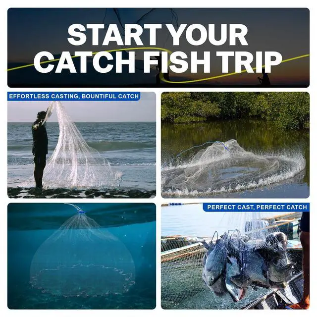 Alt view image 7 of 7 - American Fishing Cast Net Saltwater Freshwater,3/8in Mesh Size Casting Net for Bait Fish Shrimp Trap,Heavy Duty Sinkers Dual Color Double Selvage,3ft-12ft Radius Throw Cast Net with Needle