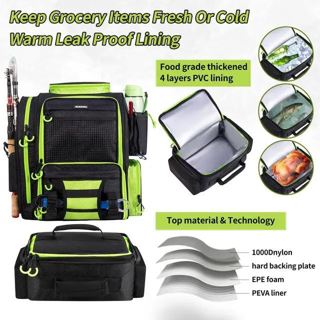 Alt view image 2 of 7 - Large Fishing Backpack with Cooler for 3 Tackle Boxes - Fishing Bag with Rod Holders for Camping and Hiking