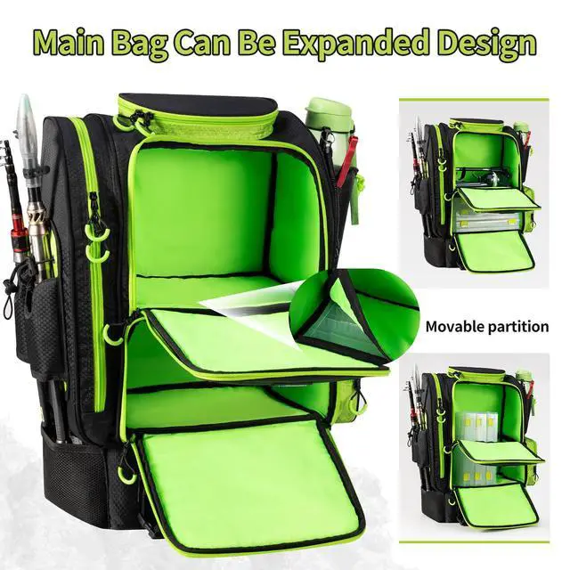 Alt view image 5 of 7 - Large Fishing Backpack with Cooler for 3 Tackle Boxes - Fishing Bag with Rod Holders for Camping and Hiking
