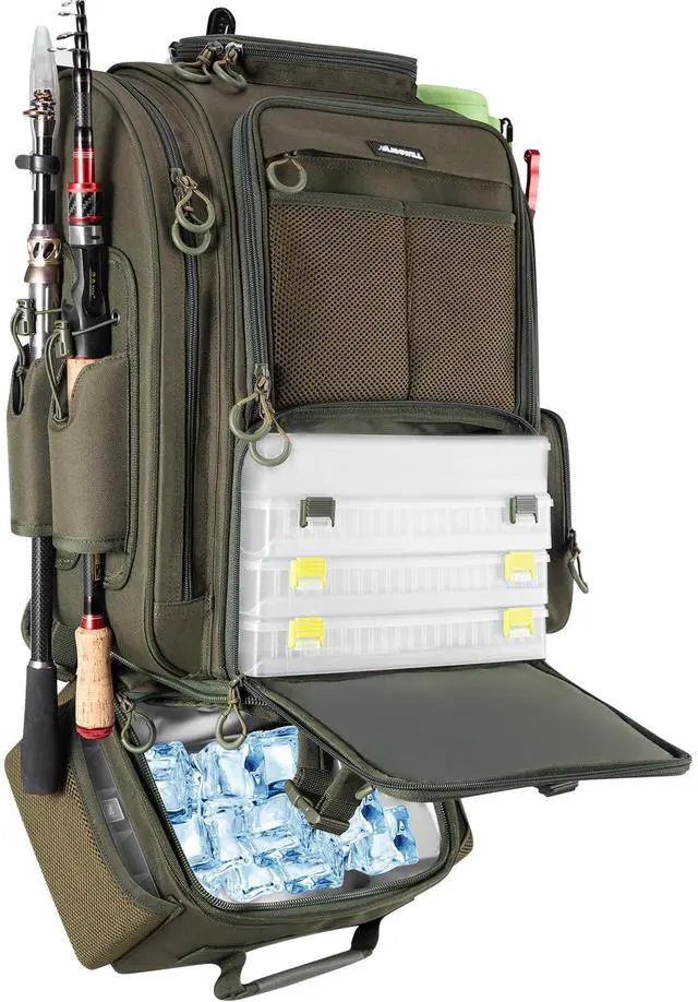 Main image of Large Fishing Backpack with Cooler for 3 Tackle Boxes - Fishing Bag with Rod Holders for Camping and Hiking