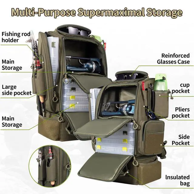 Alt view image 3 of 7 - Large Fishing Backpack with Cooler for 3 Tackle Boxes - Fishing Bag with Rod Holders for Camping and Hiking