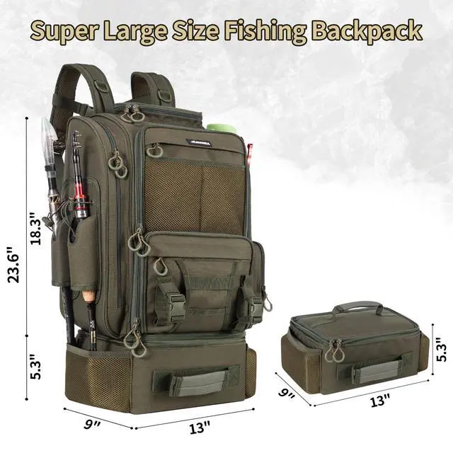 Alt view image 6 of 7 - Large Fishing Backpack with Cooler for 3 Tackle Boxes - Fishing Bag with Rod Holders for Camping and Hiking