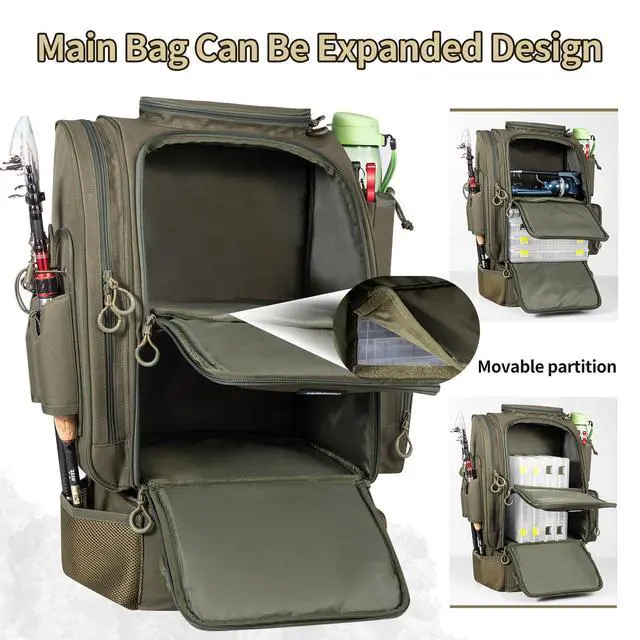 Alt view image 5 of 7 - Large Fishing Backpack with Cooler for 3 Tackle Boxes - Fishing Bag with Rod Holders for Camping and Hiking