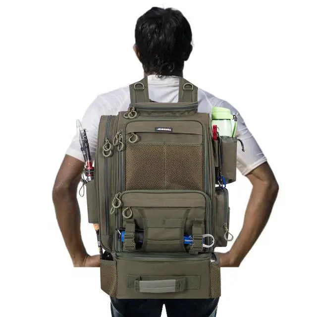 Alt view image 7 of 7 - Large Fishing Backpack with Cooler for 3 Tackle Boxes - Fishing Bag with Rod Holders for Camping and Hiking