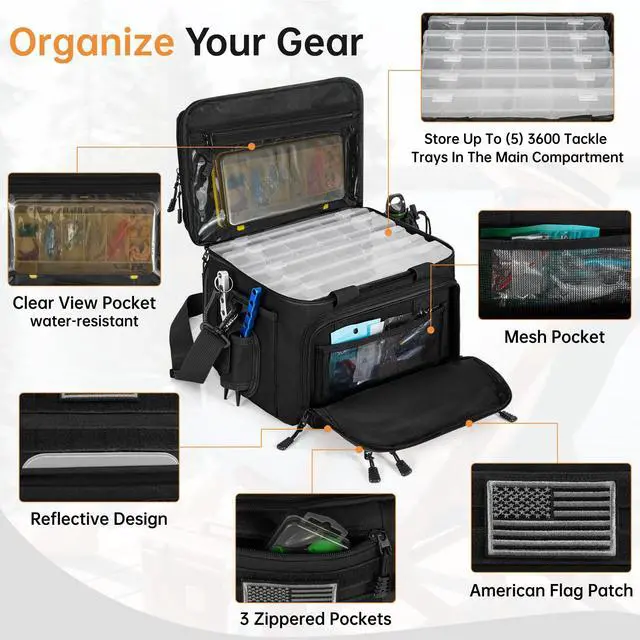 Alt view image 4 of 7 - Fishing Tackle Bags with 4 * 3600 Tackle Trays - Saltwater & Freshwater Fishing Gear Bag Padded Shoulder Strap Tackle Box Bag (Black)
