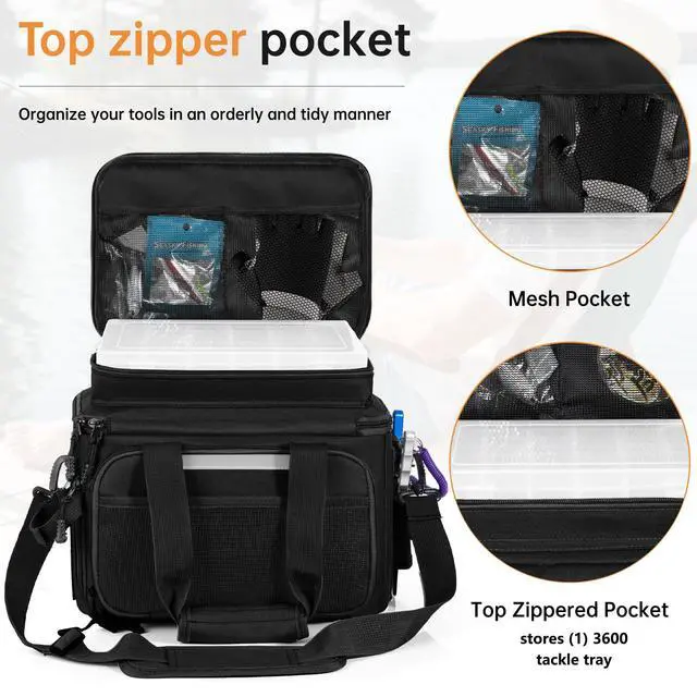 Alt view image 5 of 7 - Fishing Tackle Bags with 4 * 3600 Tackle Trays - Saltwater & Freshwater Fishing Gear Bag Padded Shoulder Strap Tackle Box Bag (Black)