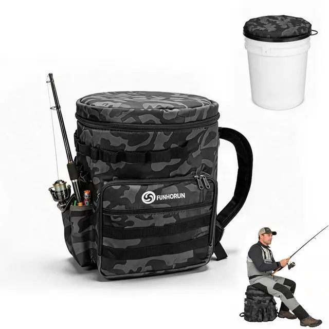 Main image of Fishing Bucket Organizer with 5 Gallon Bucket & Rotating Seat Lid | 360 Swivel Seat Lid, Bucket Backpack with Backpack Straps, Full Water-Resistant & Multi-Pockets (Fishing Tools Not Included)