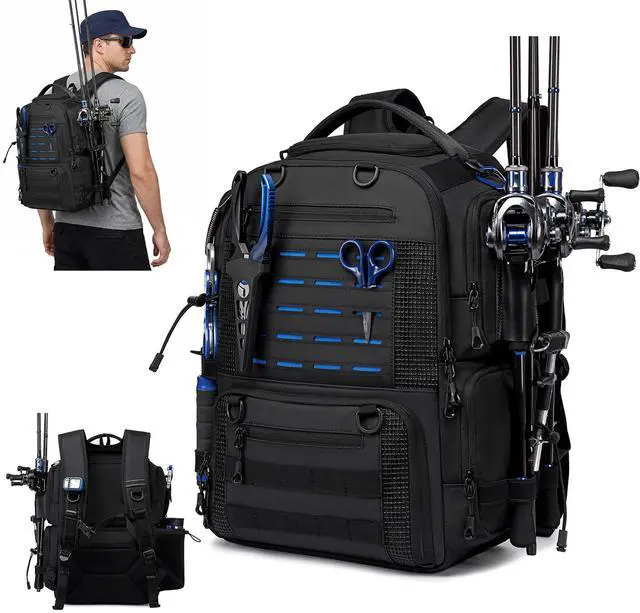 Main image of Fishing Tackle Backpack with 2 Rod Holders, Multi-Pocket Tactical Bag with Bottle Holder, 50L Extra Large Fishing Bag for Fishing Gear and Equipment, Black