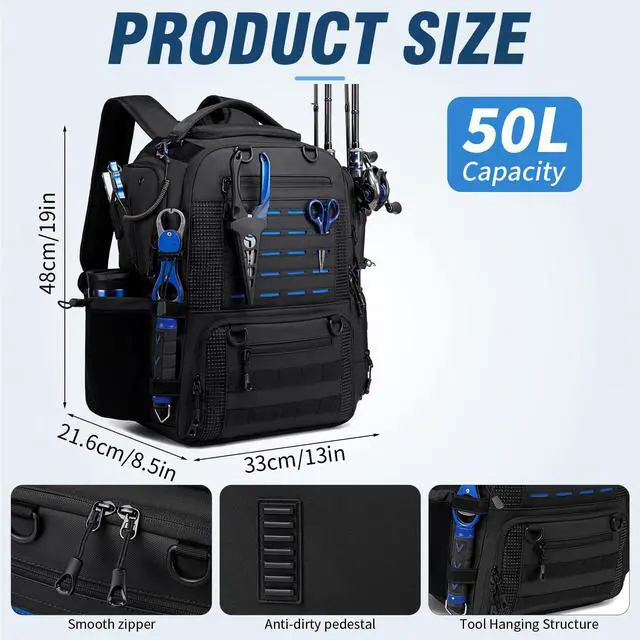Alt view image 5 of 6 - Fishing Tackle Backpack with 2 Rod Holders, Multi-Pocket Tactical Bag with Bottle Holder, 50L Extra Large Fishing Bag for Fishing Gear and Equipment, Black