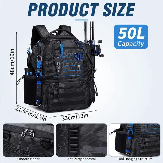 Alt view image 5 of 6 - Fishing Tactical Backpack with 2 Rod Holders, Waterproof Tackle Bag with Bottle Holder,50L Extra Large Fishing Bag for Fishing Gear and Equipment, Black Camo