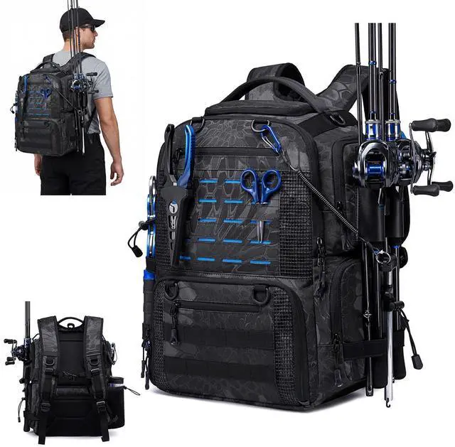Main image of Fishing Tactical Backpack with 2 Rod Holders, Waterproof Tackle Bag with Bottle Holder,50L Extra Large Fishing Bag for Fishing Gear and Equipment, Black Camo