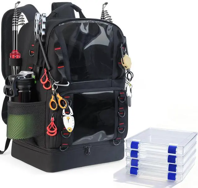 Main image of Fishing Tackle Backpack with 4 Tackle Boxes,45L Large Tackle Bag with 2 Rod Holders & Clear Window,Outdoor Fishing Backpack for Fishing,Camping,Hiking,Black