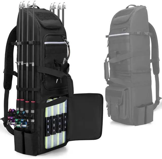 Main image of Fishing Backpack Holds 8 Rods & Reels, Fishing Tackle Bag with Compartment for Tackle Boxes, Fishing Gear or Equipment, Fishing Rod Case Backpack, Fishing Pole Bag with Tactical Molle System