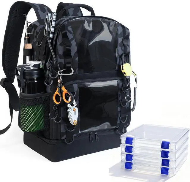 Main image of Fishing Tackle Backpack with 4 Tackle Boxes,45L Large Tackle Bag with 2 Rod Holders & Clear Window,Outdoor Fishing Backpack for Fishing,Camping,Hiking,Camouflage