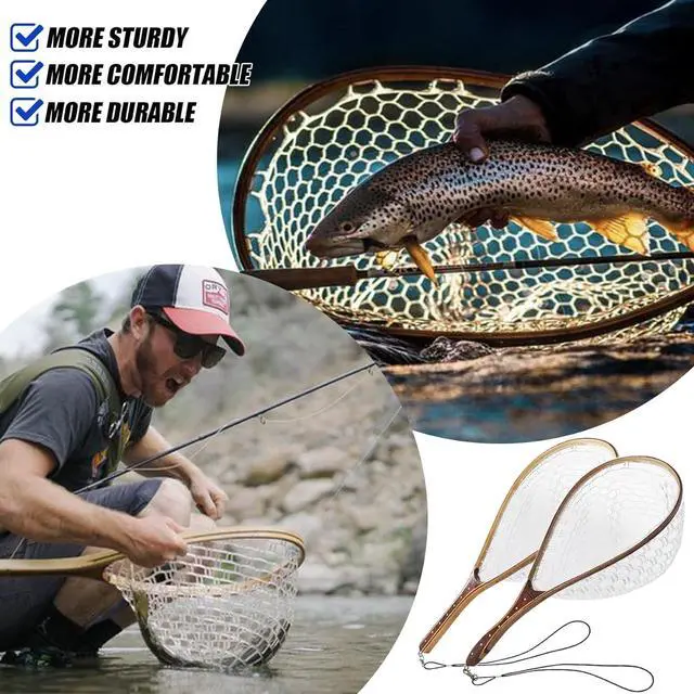 Alt view image 6 of 7 - Fly Fishing Net Landing Net Wooden Net Soft Rubber Mesh Trout Net Freshwater Saltwater Fishing Net with Safety Cord Net Gifts for Father Men
