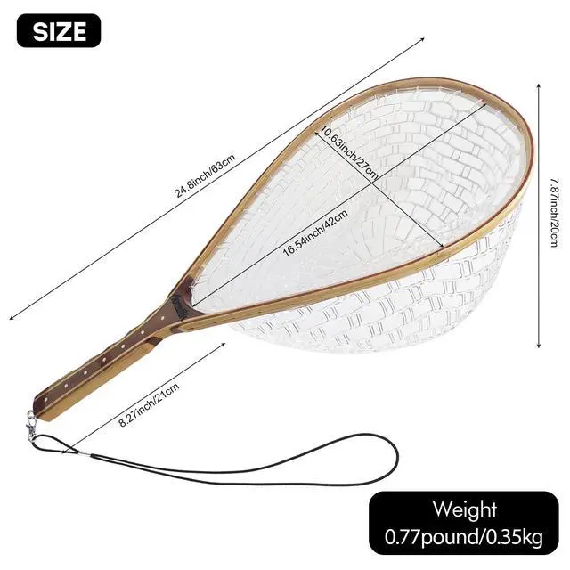 Alt view image 5 of 7 - Fly Fishing Net Landing Net Wooden Net Soft Rubber Mesh Trout Net Freshwater Saltwater Fishing Net with Safety Cord Net Gifts for Father Men