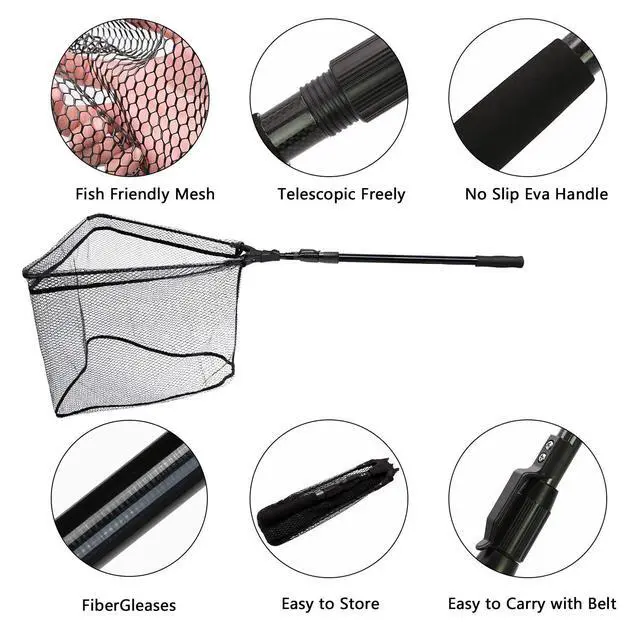 Alt view image 4 of 7 - Collapsible Telescopic Fishing Net Rubber Coated Salt/Freshwater | Rubber coated net, fiberglass pole, non-slip rubber handle, various telescopic sizes, one-click storage