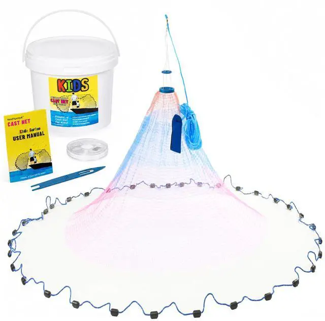 Main image of Fishing Cast Net for Kids, Colorful Throw Net for Freshwater & Saltwater, Eco-Friendly Lead Weights, 3/8inch Mesh Size, 0.8/LB Per ft, 3/4.5 Ft Radius Casting Net