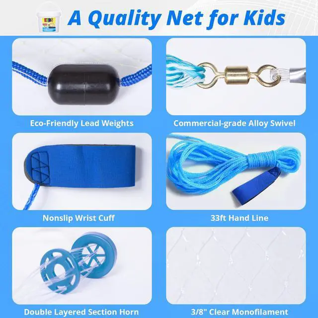 Alt view image 2 of 7 - Fishing Cast Net for Kids, Colorful Throw Net for Freshwater & Saltwater, Eco-Friendly Lead Weights, 3/8inch Mesh Size, 0.8/LB Per ft, 3/4.5 Ft Radius Casting Net