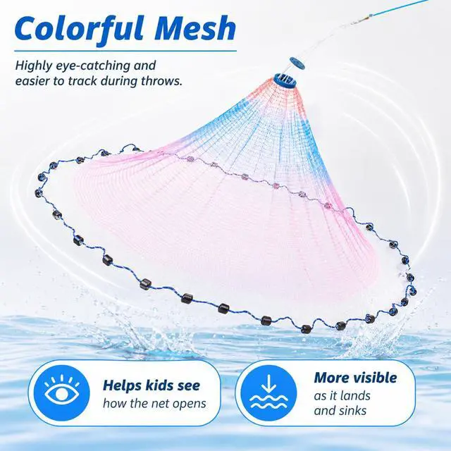 Alt view image 3 of 7 - Fishing Cast Net for Kids, Colorful Throw Net for Freshwater & Saltwater, Eco-Friendly Lead Weights, 3/8inch Mesh Size, 0.8/LB Per ft, 3/4.5 Ft Radius Casting Net
