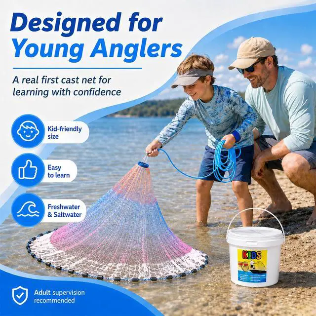 Alt view image 5 of 7 - Fishing Cast Net for Kids, Colorful Throw Net for Freshwater & Saltwater, Eco-Friendly Lead Weights, 3/8inch Mesh Size, 0.8/LB Per ft, 3/4.5 Ft Radius Casting Net