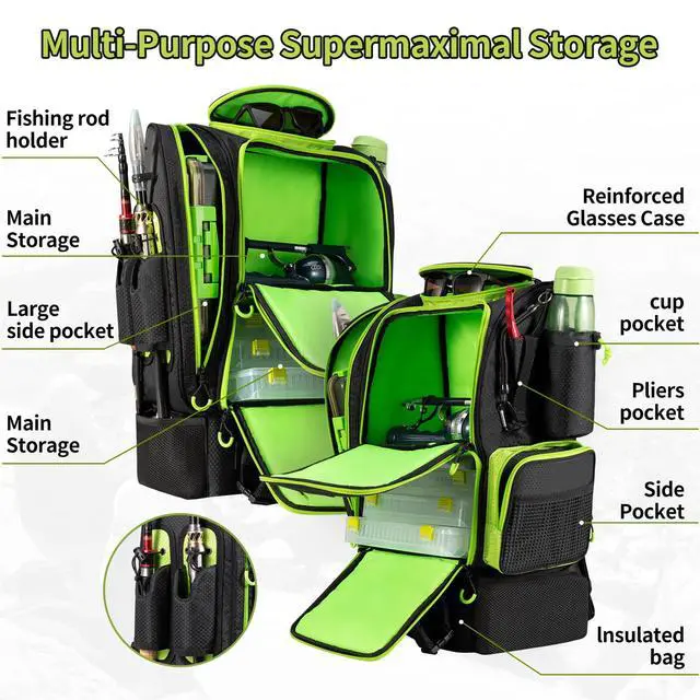 Alt view image 3 of 7 - Large Fishing Backpack with Cooler for 3 Tackle Boxes - Fishing Bag with Rod Holders for Camping and Hiking