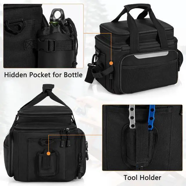 Alt view image 7 of 7 - Fishing Tackle Bags with 4 * 3600 Tackle Trays - Saltwater & Freshwater Fishing Gear Bag Padded Shoulder Strap Tackle Box Bag (Black)