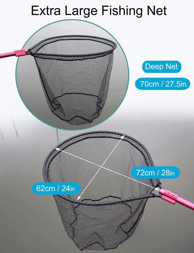 Alt view image 3 of 6 - Extra Large Fishing Landing Net - 72"-94" Heavy Duty Telescopic Aluminum Handle, Snag-Free Rubber Mesh for Saltwater Boat, Net Hoop 28x24in, 30in Deep