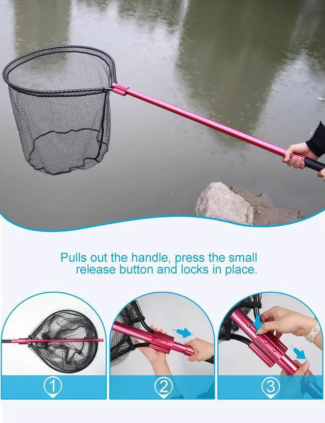 Alt view image 5 of 6 - Extra Large Fishing Landing Net - 72"-94" Heavy Duty Telescopic Aluminum Handle, Snag-Free Rubber Mesh for Saltwater Boat, Net Hoop 28x24in, 30in Deep