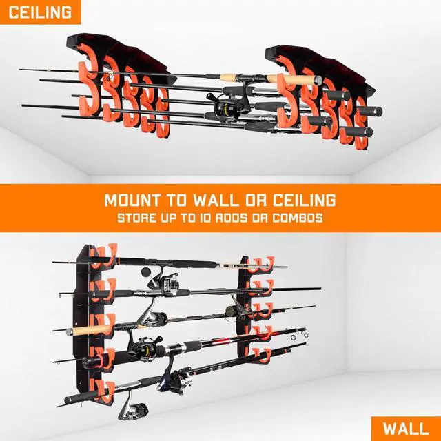 Alt view image 2 of 6 - Fishing Rod Holders, Fishing Pole Holders for Garage, Wall or Ceiling Mounted Fishing Rod Rack Holds Up to 10 Rods(2 Pack)