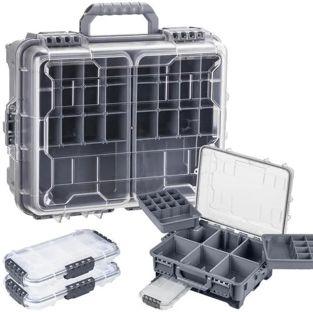 Main image of Waterproof Tackle Box, Portable Fishing & Tackle Storage Box with Two 3500 Stowaway Boxes and Removable Dividers, Tackle Box, Thicker Floating Airtight Stowaway,Pink/Green/Blue/Grey