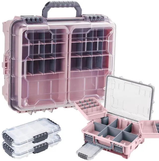 Main image of Waterproof Tackle Box, Portable Fishing & Tackle Storage Box with Two 3500 Stowaway Boxes and Removable Dividers, Tackle Box, Thicker Floating Airtight Stowaway,Pink/Green/Blue/Grey