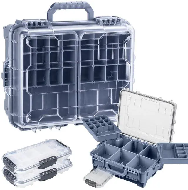 Main image of Waterproof Tackle Box, Portable Fishing & Tackle Storage Box with Two 3500 Stowaway Boxes and Removable Dividers, Tackle Box, Thicker Floating Airtight Stowaway,Pink/Green/Blue/Grey