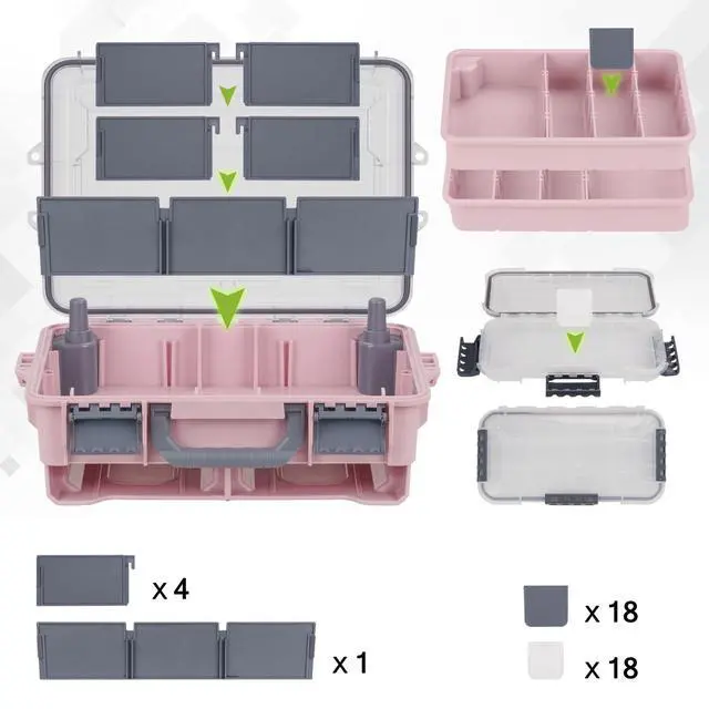Alt view image 7 of 7 - Waterproof Tackle Box, Portable Fishing & Tackle Storage Box with Two 3500 Stowaway Boxes and Removable Dividers, Tackle Box, Thicker Floating Airtight Stowaway,Pink/Green/Blue/Grey