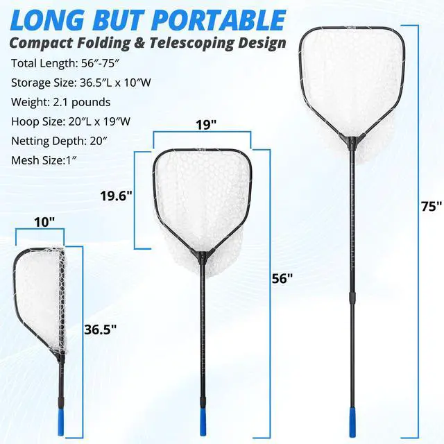 Alt view image 2 of 7 - Long Collapsible Landing Net, Large Fishing Net with Telescoping Handle, Foldable, Extendable, Lightweight & Strong, Fish Net with Fish-Friendly Mesh for a Safe Release