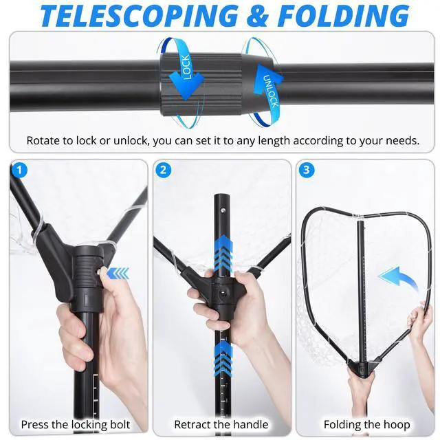 Alt view image 6 of 7 - Long Collapsible Landing Net, Large Fishing Net with Telescoping Handle, Foldable, Extendable, Lightweight & Strong, Fish Net with Fish-Friendly Mesh for a Safe Release