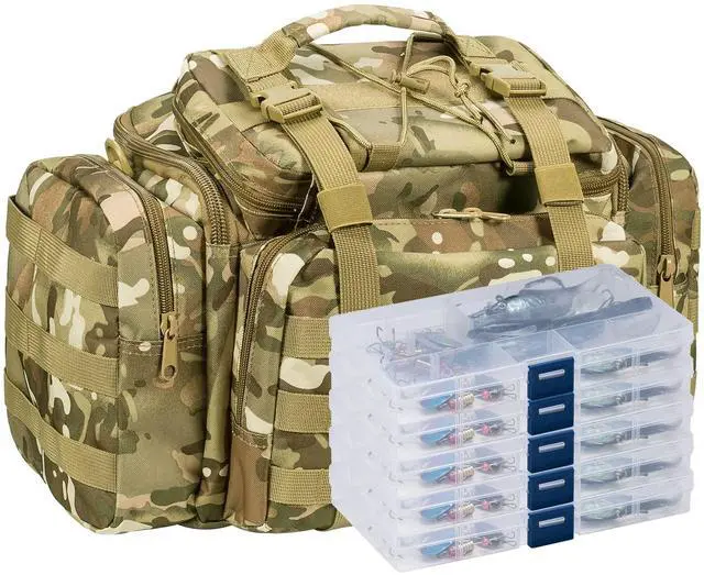 Main image of Fishing Tackle Bag 5 Boxes with 60 Lures Included Loaded Stocked Tackle Box Set Spinner Lures Kit Freshwater Gear Equipment