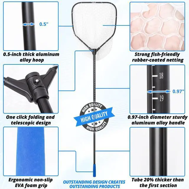 Alt view image 3 of 7 - Long Collapsible Landing Net, Large Fishing Net with Telescoping Handle, Foldable, Extendable, Lightweight & Strong, Fish Net with Fish-Friendly Mesh for a Safe Release