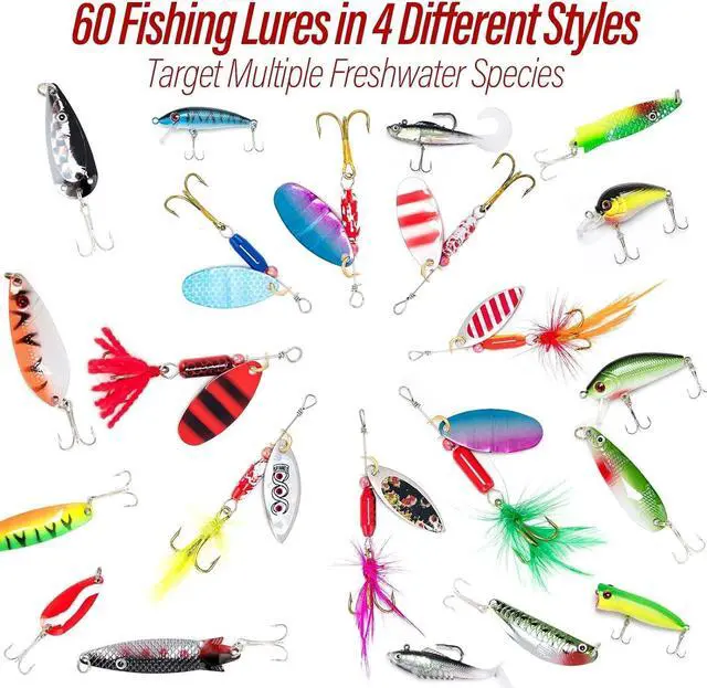 Alt view image 4 of 7 - Fishing Tackle Bag 5 Boxes with 60 Lures Included Loaded Stocked Tackle Box Set Spinner Lures Kit Freshwater Gear Equipment