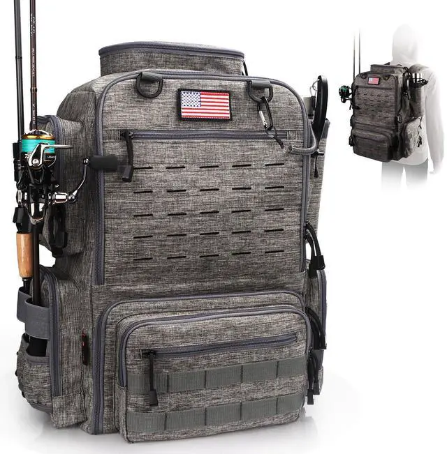 Main image of Fishing Backpack, Fishing Tackle Backpack with Rod Holders for 4 Boxes (Box Not Included) 45L Waterproof Fishing Gear, Ideal for Men and Women Tackle Box Bag (Storm Gray)