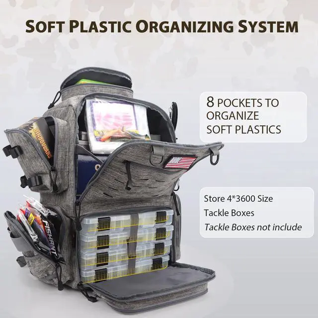 Alt view image 2 of 7 - Fishing Backpack, Fishing Tackle Backpack with Rod Holders for 4 Boxes (Box Not Included) 45L Waterproof Fishing Gear, Ideal for Men and Women Tackle Box Bag (Storm Gray)