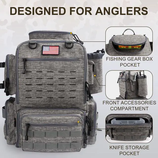 Alt view image 3 of 7 - Fishing Backpack, Fishing Tackle Backpack with Rod Holders for 4 Boxes (Box Not Included) 45L Waterproof Fishing Gear, Ideal for Men and Women Tackle Box Bag (Storm Gray)