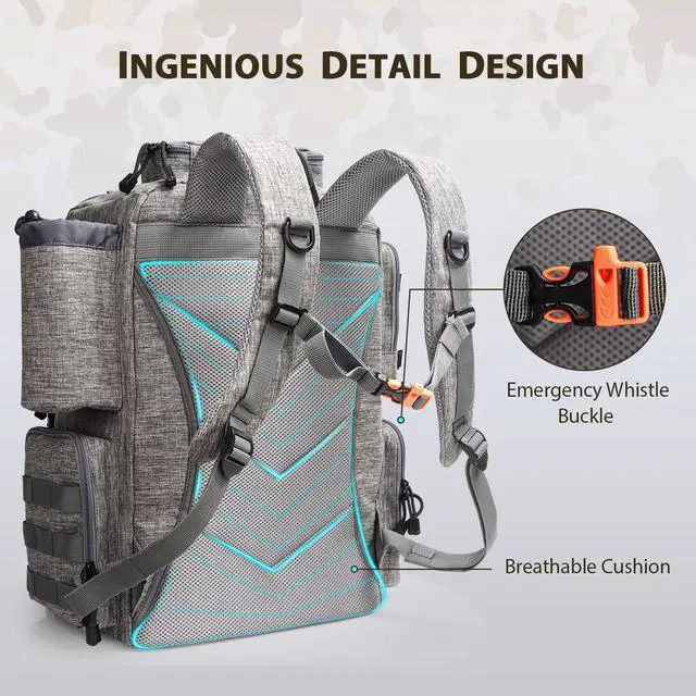 Alt view image 5 of 7 - Fishing Backpack, Fishing Tackle Backpack with Rod Holders for 4 Boxes (Box Not Included) 45L Waterproof Fishing Gear, Ideal for Men and Women Tackle Box Bag (Storm Gray)