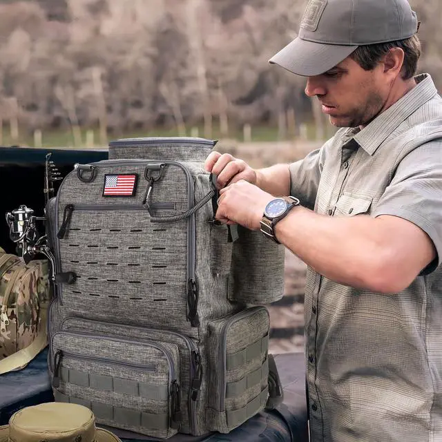 Alt view image 7 of 7 - Fishing Backpack, Fishing Tackle Backpack with Rod Holders for 4 Boxes (Box Not Included) 45L Waterproof Fishing Gear, Ideal for Men and Women Tackle Box Bag (Storm Gray)