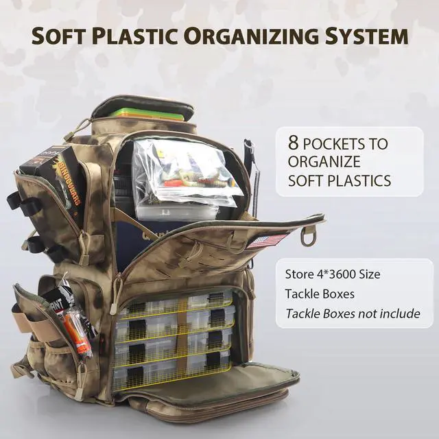 Alt view image 2 of 7 - Fishing Backpack, Fishing Tackle Backpack with Rod Holders for 4 Boxes (Box Not Included) 45L Waterproof Fishing Gear, Ideal for Men and Women Large Tackle Box Bag (Sahara Khaki Camo)