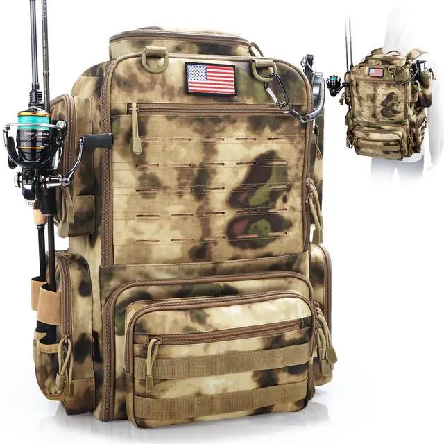 Main image of Fishing Backpack, Fishing Tackle Backpack with Rod Holders for 4 Boxes (Box Not Included) 45L Waterproof Fishing Gear, Ideal for Men and Women Large Tackle Box Bag (Sahara Khaki Camo)