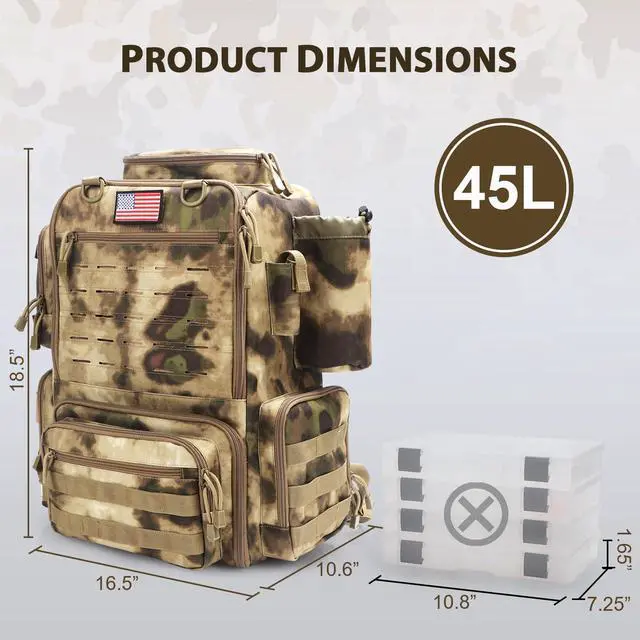 Alt view image 5 of 7 - Fishing Backpack, Fishing Tackle Backpack with Rod Holders for 4 Boxes (Box Not Included) 45L Waterproof Fishing Gear, Ideal for Men and Women Large Tackle Box Bag (Sahara Khaki Camo)