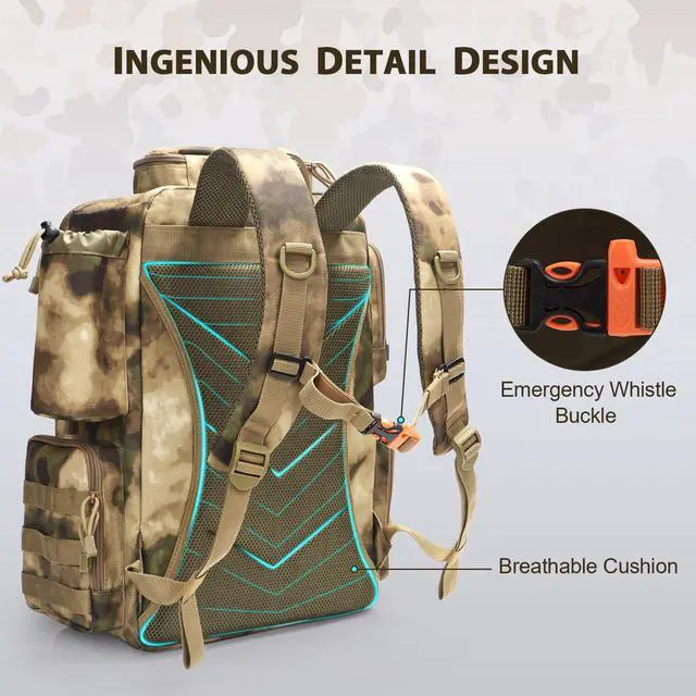 Alt view image 6 of 7 - Fishing Backpack, Fishing Tackle Backpack with Rod Holders for 4 Boxes (Box Not Included) 45L Waterproof Fishing Gear, Ideal for Men and Women Large Tackle Box Bag (Sahara Khaki Camo)